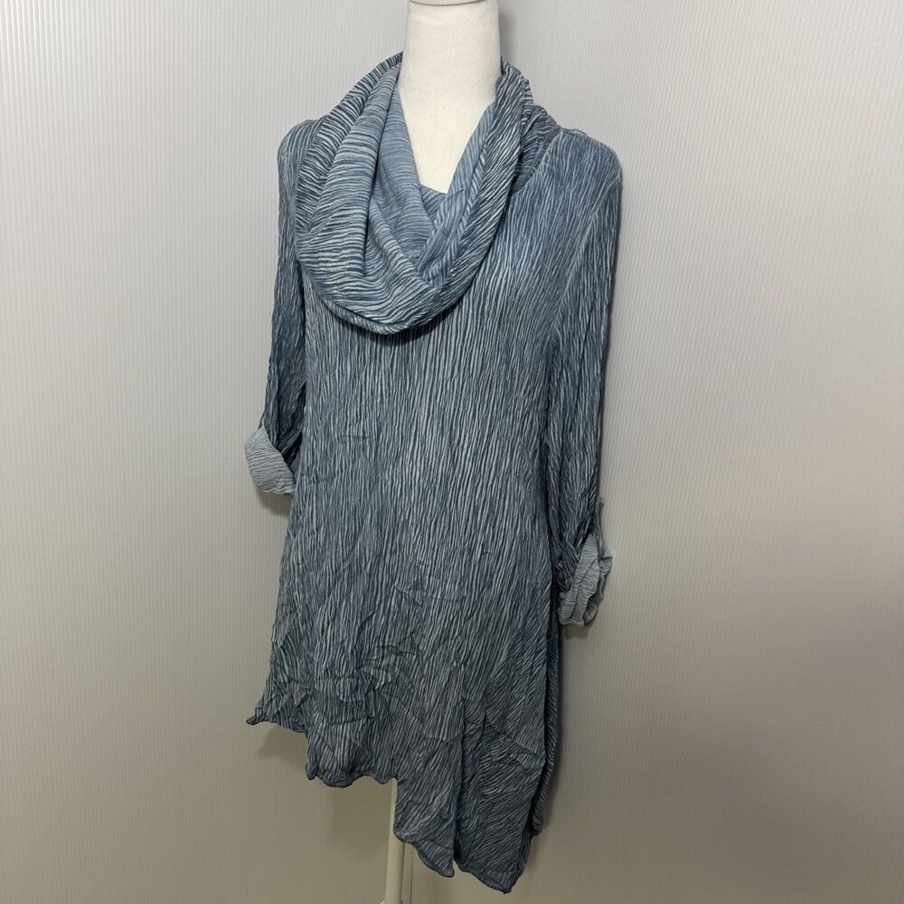 Soft Surroundings Small‎ Blue Crinkle Tunic Top Cowl Neck Asym Hem Lagenlook